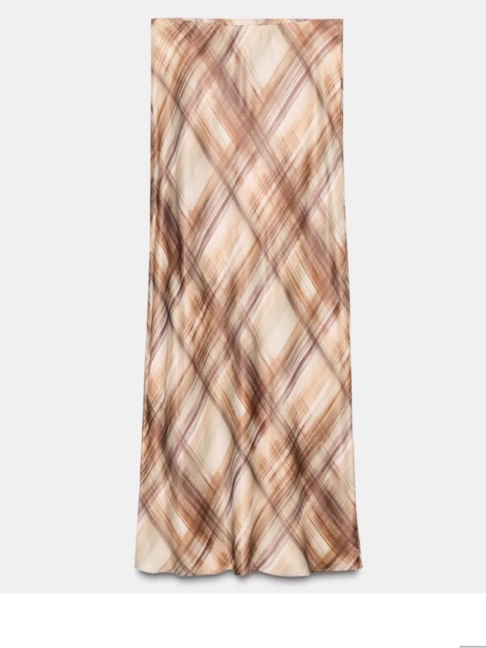 Zara Satin Plaid Midi Skirt in Cream and Brown